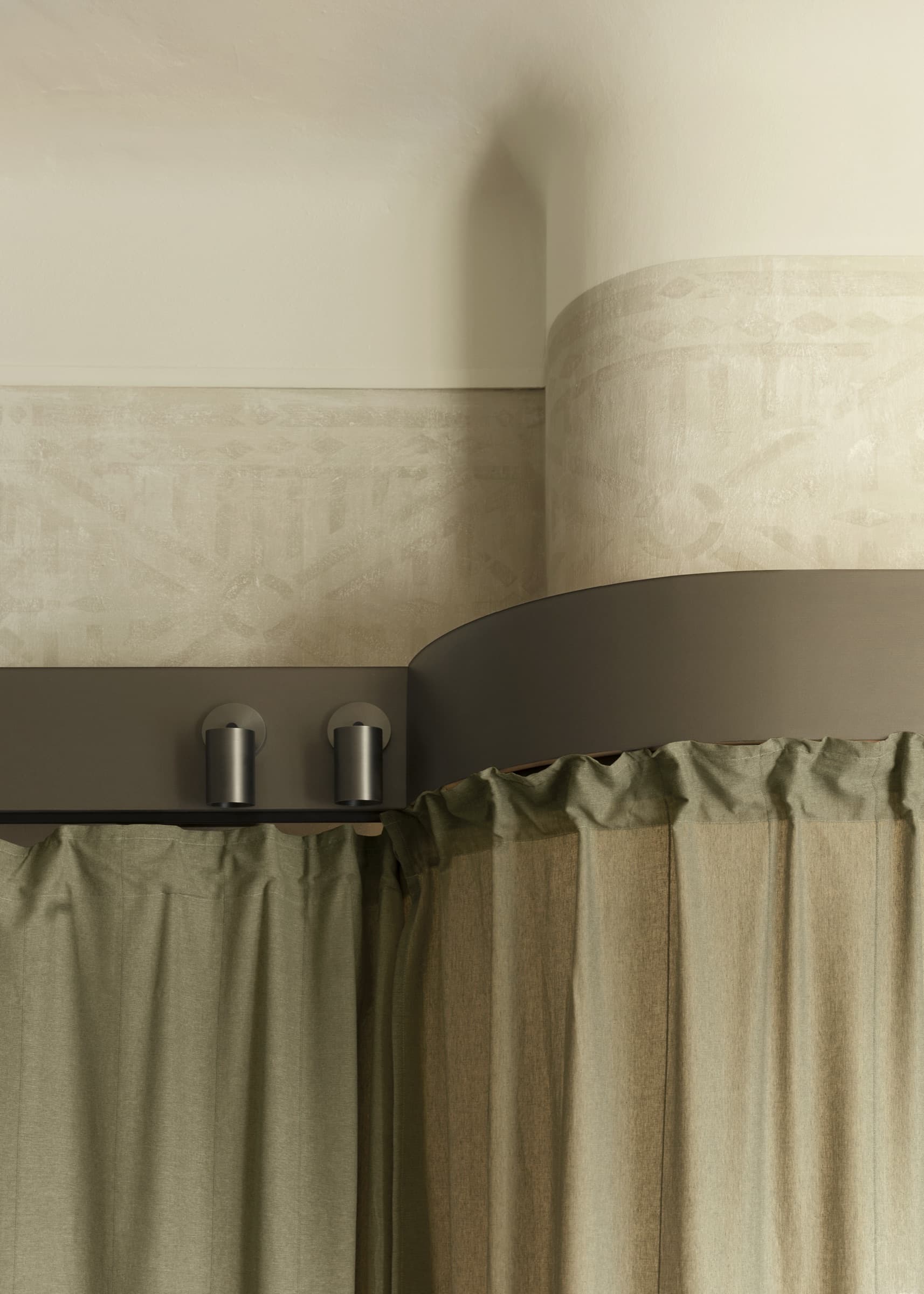 Curtain rail detail against an ornate wall at HY Brera